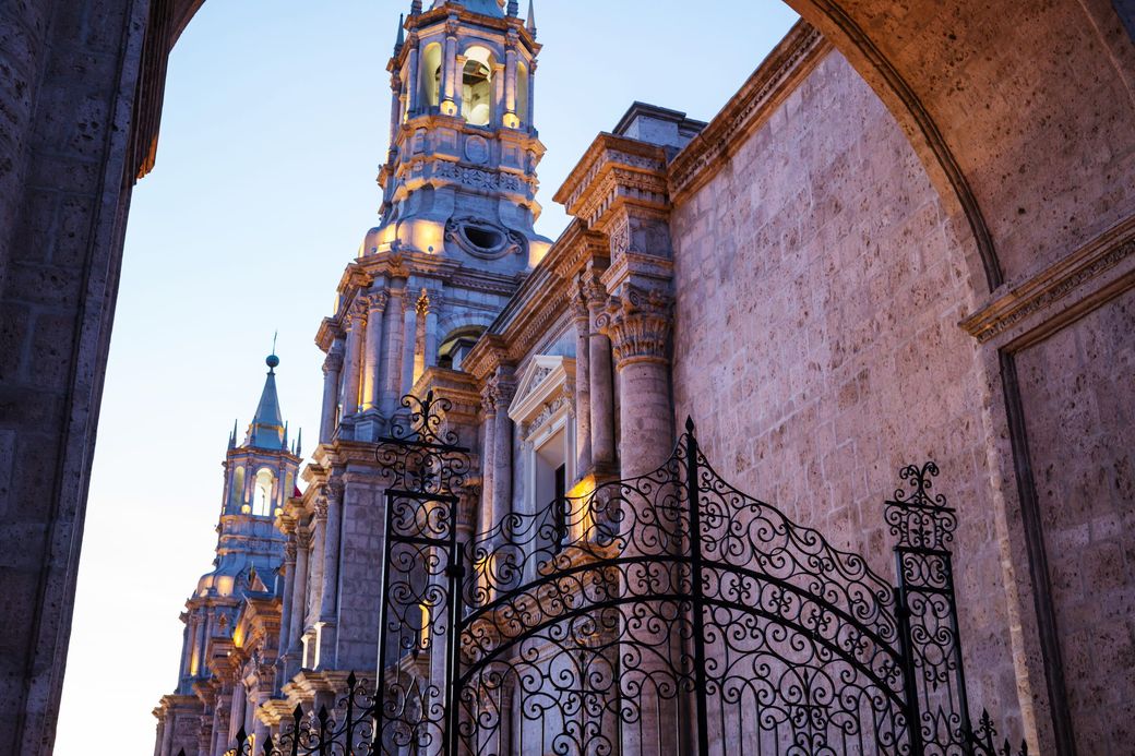 The sillar bell towers of the Basilica Cathedral in Arequipa