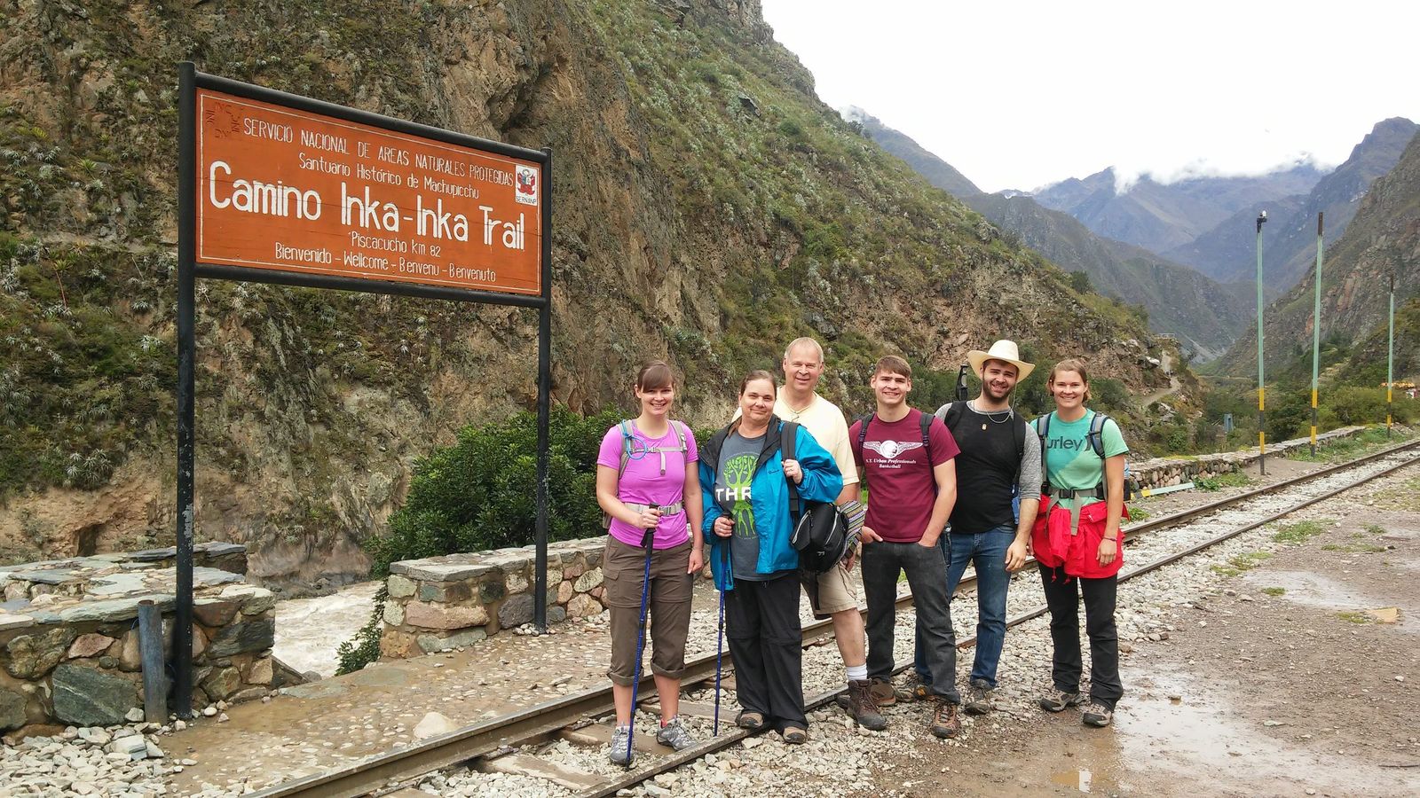 Travellers at the start of the Inca Trail at Km 82